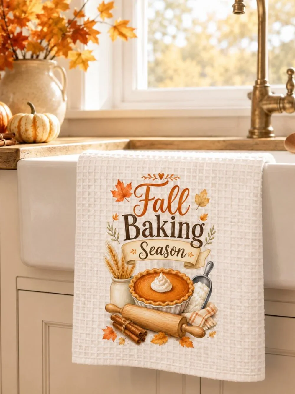 Fall Baking Season Kitchen Towel, Pumpkin Pie Tea Towel, Fall Dish Towel